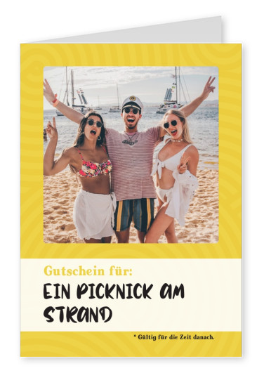 postcard saying Gutschein für ein Picknick am Strand (gültig für die Zeit danach)
