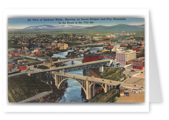 Spokane, Washington, air view of seven bridges and five waterfalls
