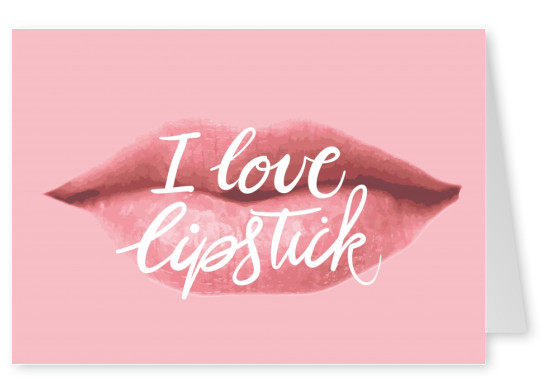 White I love lipstick- lettering on pink ground with kissmouth heart
