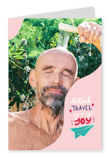 Travel, travel, joy, joy. Handwritten text on pink background