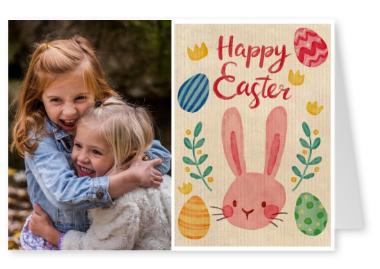 card with watercolor bunny and colorful eggs 