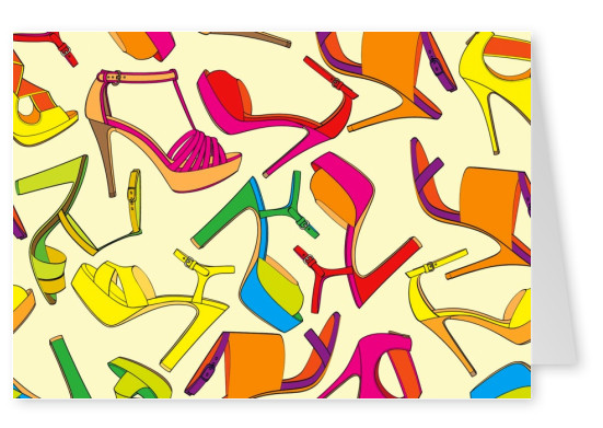 Many colorful female shoes on abstract yellow background