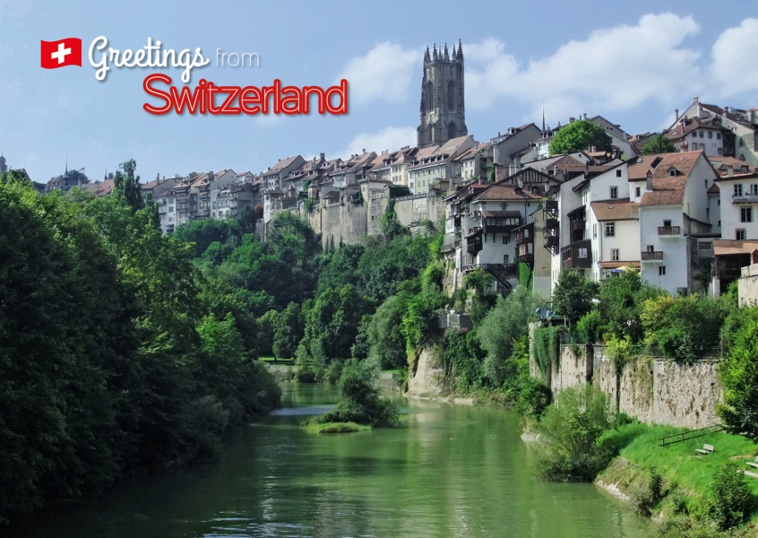 Postcard from Switzerland with a photo of Fribourg