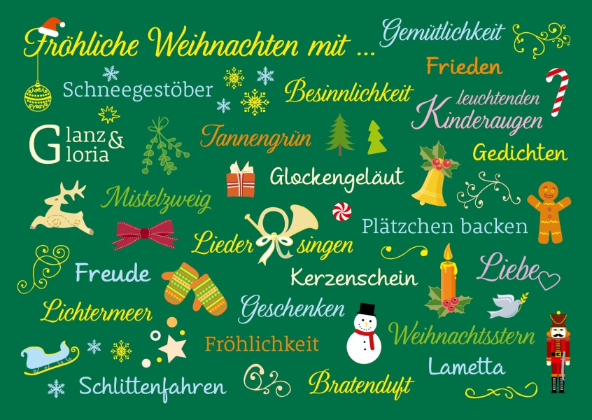 Viele herzliche Weihnachtsglückwünsche auf grüner Postkarte