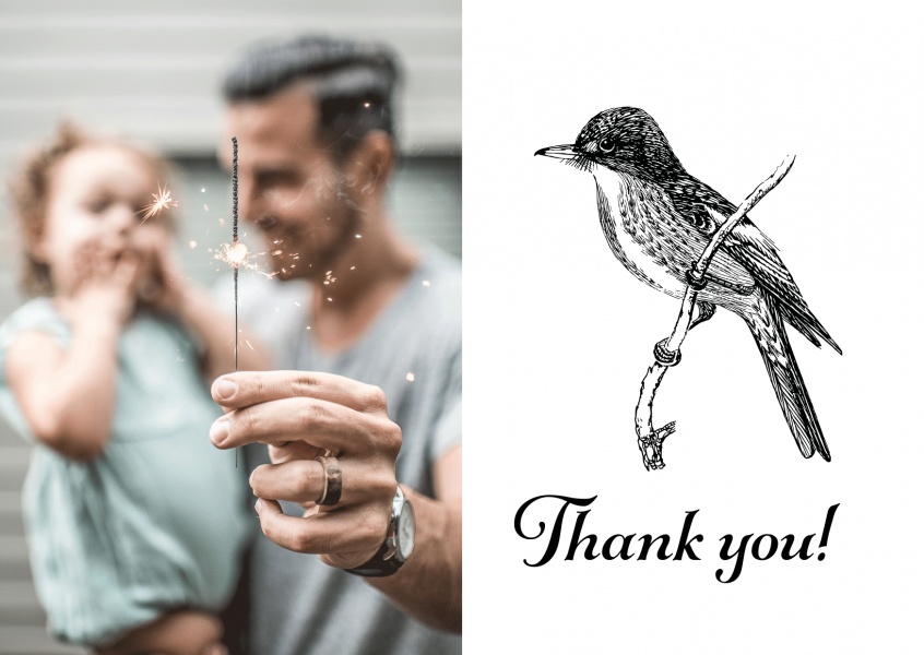 Thank you - Grafik mit schwarzem Vogel auf weißgeblümtem Grund