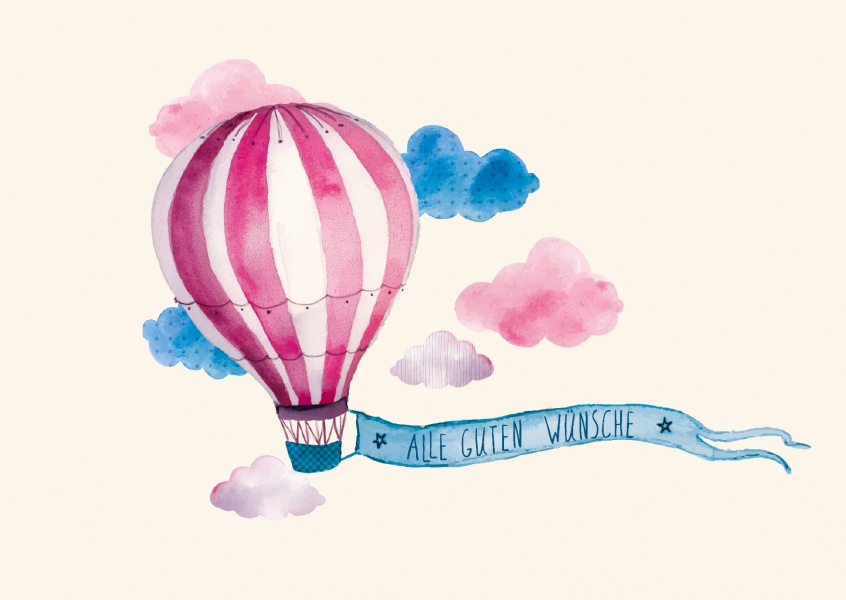 Illustration mit HeiÃŸluftballon und blau-rosa Wolken mit allen guten WÃ¼nschen von Gutschverlagâ€“mypostcard