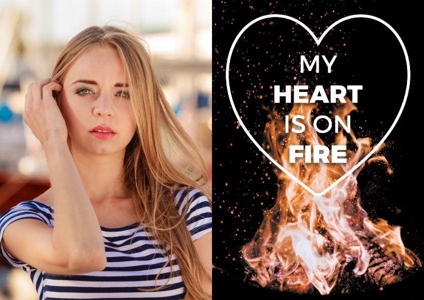 Flammengrafik mit Herz und moderner Schrift mit spruch my heart is on fire