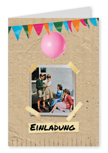 Retro einladungskarte mit luftballon und polaroid