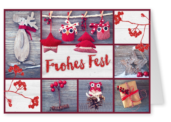 Weihnachts Grusskarte mit Stoffeulen, Geschenk und Weihnachtsdeko