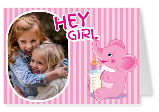 Baby MÃ¤dchen hey girl mit rosa Elephant und gestreiftem Hintergrund