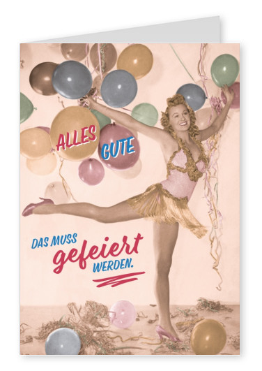 Retro Geburtstagskarte Karte mit Tänzerin und Luftballons