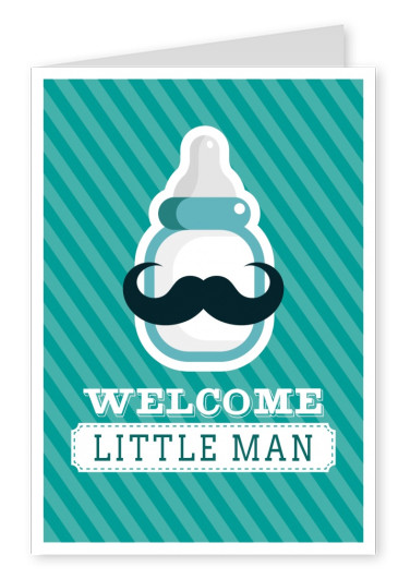 Welcome Little Man-Schriftzug mit Moustache-Flasche auf gemustertem Hintergrund