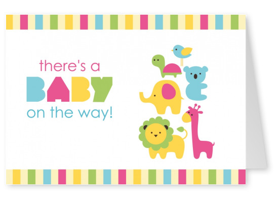 There's a baby on the way' -Schriftzug mit bunten Tieren