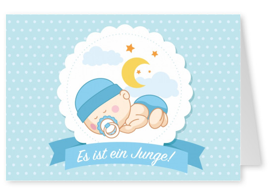 Es ist ein Junge-Schriftzug mit schlafendem Baby auf blau-weiß gepunktetem Hintergrund