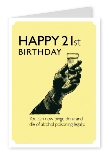21. Geburtstag lustiges Retromotiv mit alkoholischem Getränk auf gelbem Grund