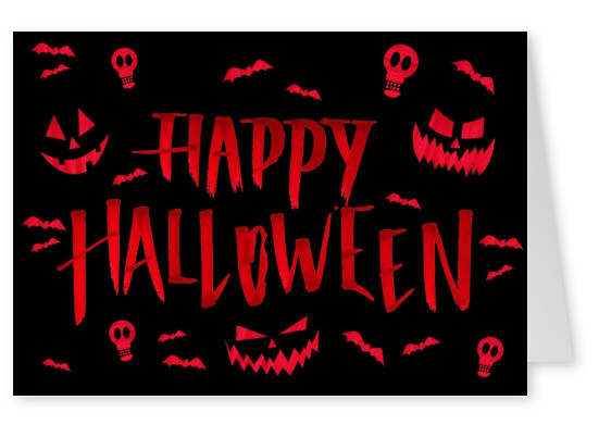 Rotes Halloween lettering mit totenköpfen,kürbissen und fledermäusen auf schwarzem hintergrund