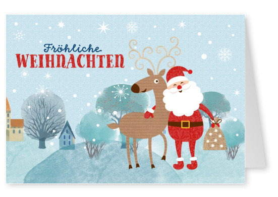 Weihnachts Grusskarte mit Illustration Rentier und Weihnachtsmann