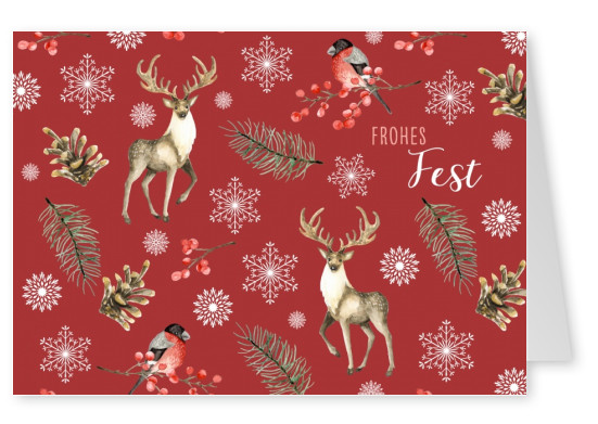 Weihnachts Grusskarte mit Illustration Rentier und schneeflocken