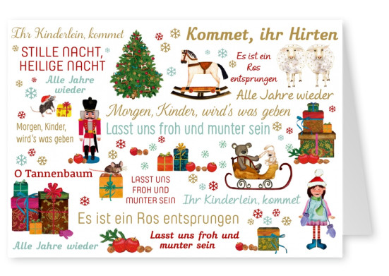 Weihnachts Grusskarte mit Illustration von Weihnachtsliedern