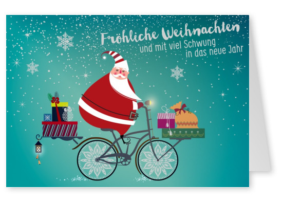 Weihnachts Grusskarte mit Illustration von Weihnachtsmann auf dem Fahrrad