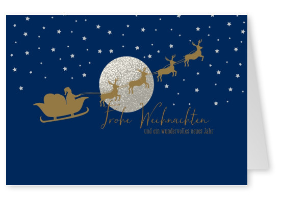 Weihnachts Grusskarte mit Weihnachtsschlitten vor dem Mond als Siluette