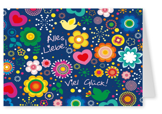 Illustrierte farbige Blumen und Herzen mit dem Spruch Alles Liebe! Viel GlÃ¼ck!