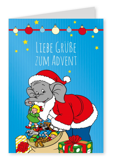 Grafik Benjamin Blümchen als Weihnachtsmann mit Geschenken auf blauem Grund
