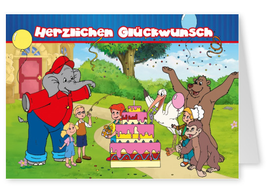 Grafik Benjamin Blümchen mit Freunden Torte Luftballons vor Haus