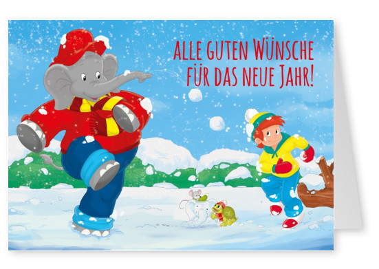 Grafik Benjamin Blümchen mit Otto im Schnee spielend