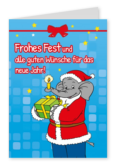 Grafik Benjamin Blümchen als Weihnachtsmann mit Geschenk auf blauem Grund