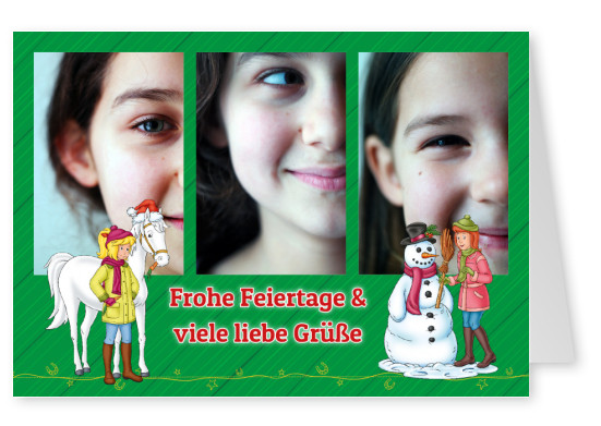 Bibi unt Tina mit Schimmel und Schneemann auf grünem Weihnachtmusterhintergrund