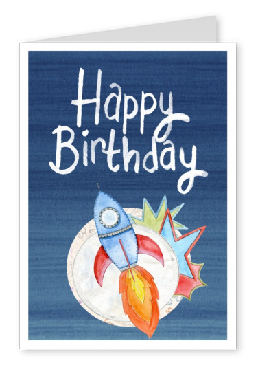 Illustration bunte Rakete Mond happy birthday