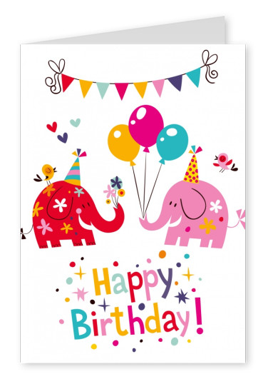 bunte elefanten cartoon happy birthday postkarte 