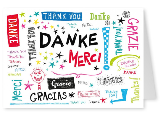 Dankeskarte international verschiedene Sprachen Danke Grazie Thank you Merci gemalt Schriftzug niedlich