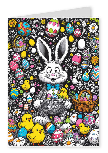 Osterhase in einem Cartoon-Stil, umgeben von Eiern und Küken.