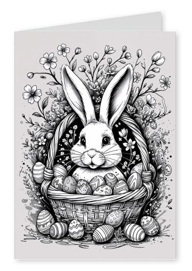 Osterhase in einem Cartoon-Stil, umgeben von Eiern