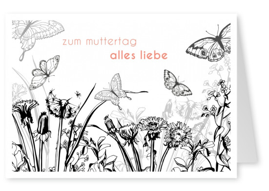 Muttertags illustration in schwarz weiss mit Blumenwiese und Schmetterlingen