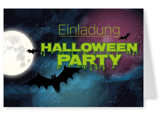 Halloween Party Einladung mit grÃ¼ne Schrift, mond und FledermÃ¤usen