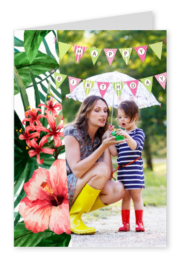 happy birthday Wimpelkette mit roten Blumen links im Bild