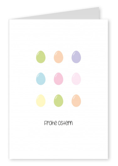 Frohe Ostern mit bunten minimalistischen Ostereiern auf weißem Hintergrund