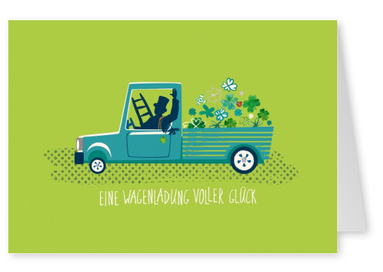 Schornsteinfeger-GlÃ¼ckwunschkarte mit Illustration von Schornsteinfeger im Auto mit Blumen auf grÃ¼nem Hintergrund von Gutschverlagâ€“mypostcard