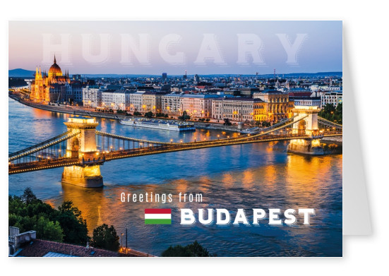Postkarte mit einem foto von Budapest mit der donau im vordergrund in abendlicher stimmung