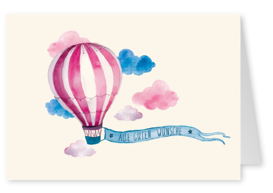 Illustration mit HeiÃŸluftballon und blau-rosa Wolken mit allen guten WÃ¼nschen von Gutschverlagâ€“mypostcard