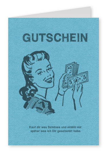 gutschein postkarte lustig blau frau mit geld