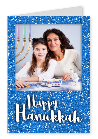Happy Hanukkah mit einem blauen Funkelnrahmen.