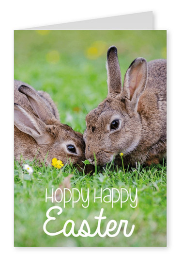 happy hoppy easter schrift mit Foto von zwei Hasen