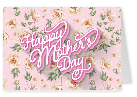 Happy Mother's Day in weiss mit Frühlingsmuster mit Schmetterlingen und Pflanze–mypostcard