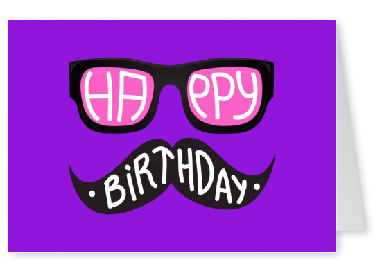Hipster Geburtstagskarte mit Nerd-Brille und Schnauzbart (lila)