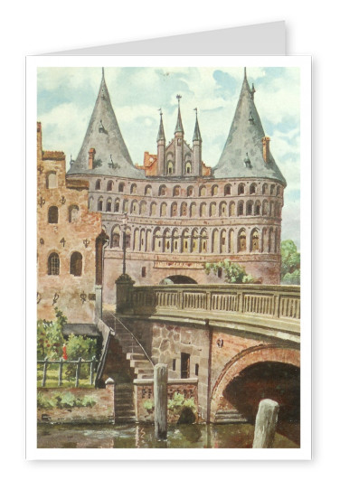 Illustration vintage Grußkarte Holstentor, Lübeck