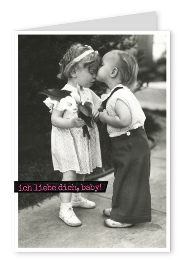 zwei kinder kuessen sich vintage schwarz weiss postkarte